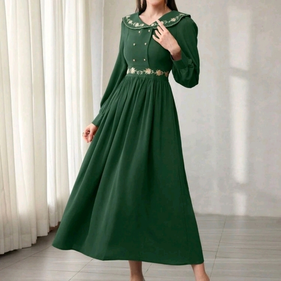 Embroidered Double-Breasted Peter Pan Collar Elegant Long Sleeve Dress Maxi - Picture 1 of 6